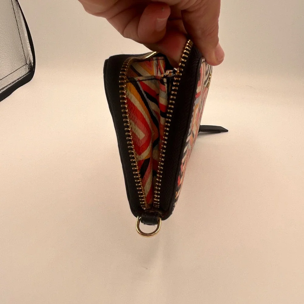 Tory Burch Geometric Chevron Zip Around Wallet Wristlet Orange Pink Black Gold